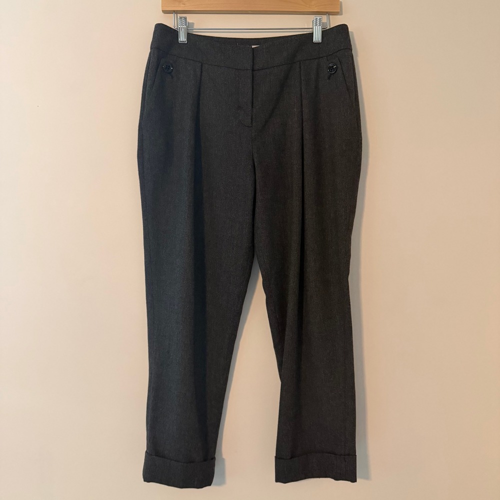 Karen Millen Herringbone Pleated Cuffed Trousers Grey Tailored Women US 8